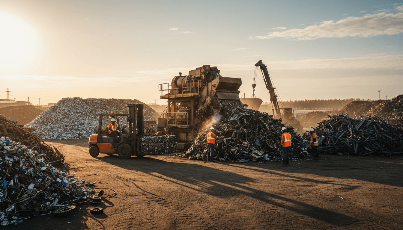True North Scrap Inc. processing facility with organized metal materials and worker inspection